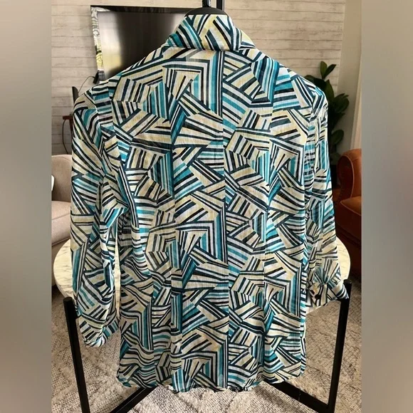 Banana Republic blue yellow navy stripe geo print tie blouse shirt top business - Picture 7 of 10